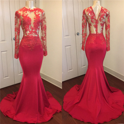 Red Lace Appliques Mermaid Prom Dresses with Sleeves on Mannequins_1