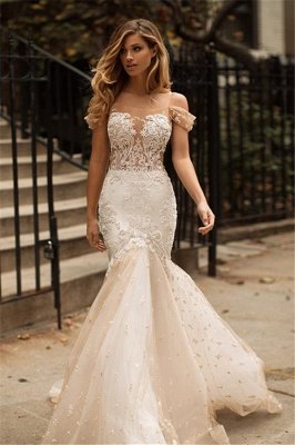 Tulle Appliques Mermaid Sexy Off The Shoulder Latest Wedding Dresses_2