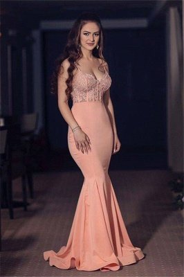 Sexy V-neck Spaghetti Straps Chiffon Appliques Mermaid Prom Dresses_1