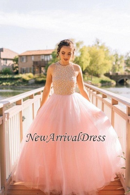 Beaded Pink Long Puffy Elegant Sleeveless Tulle Prom Dresses_1