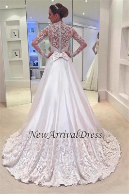 A-Line Bowknot Long Sleeve Sweep Train Newest Appliques Wedding Dresses  Online_1