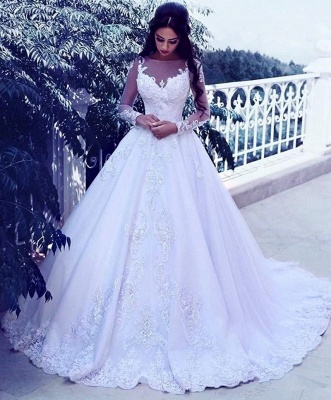 Elegant Tulle Appliques Long Sleeves Wedding Dresses Bridal Ball Gowns_3