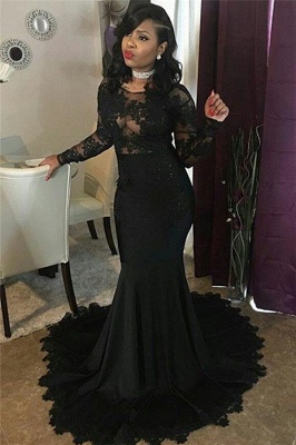 Long Black Lace Tulle Prom Dresses | Mermaid Long Sleeve  Formal Gowns FB0277_4