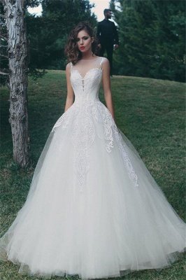 Tulle A-Line Appliques Sleeveless Glamorous Wedding Dresses  Online_2