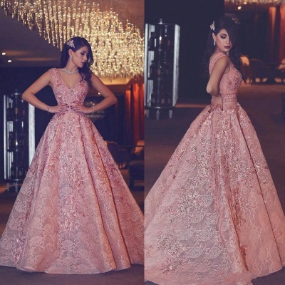 Flowers Beading Luxury Pink Puffy V-Neck Lace Evening Gowns_3
