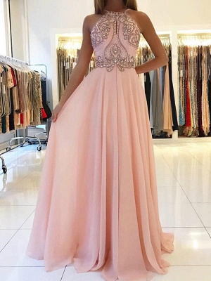Modest Pink Beads A-line Prom Dress | Chiffon Prom Dress_1