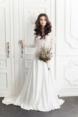 Vintage Long Sleeve White Lace Bridal Gown V-Neck Long Sweep Train Plus Size Wedding Dress_3