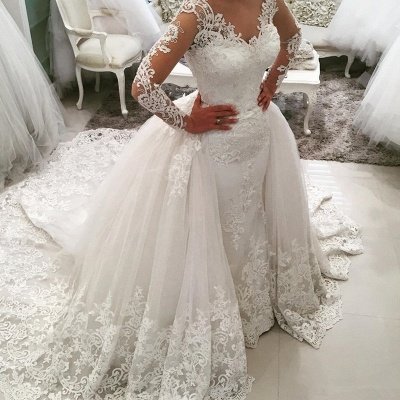 Sexy V-Neck Tulle Long Sleeve Lace Appliques Detachable Overskirt Wedding Dresses_4