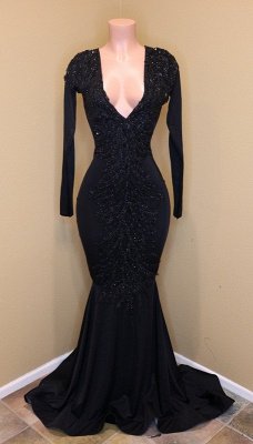 Black Beads Long Sleeve Mermaid Prom Dresses  BA8203_1