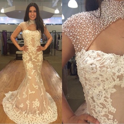 Newest Pearls High Neck Mermaid Lace Appliques Prom Dress_3