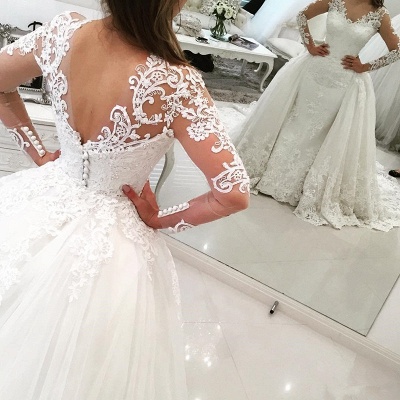 Sexy V-Neck Tulle Long Sleeve Lace Appliques Detachable Overskirt Wedding Dresses_3