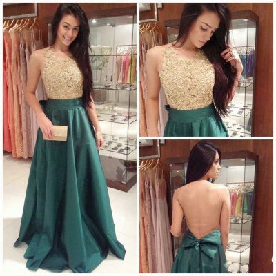 Prom Dress Sheer Crew Neck Gold Lace Applique Sheer Bow Knot Back Green Bottom Sweep Train Evening Gowns/Prom Dress_2
