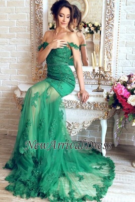 Wunderschönes grünes, transparentes Meerjungfrau-Kleid mit schulterfreien Applikationen_4