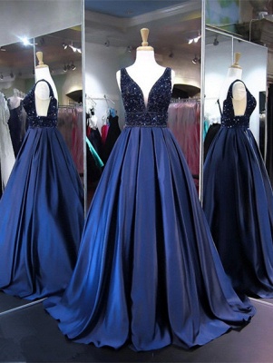 V-Neck Beads Custom Made Prom Dresses | A-line Sleeveless Navy Elegant Evening Dress_2