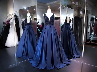 V-Neck Beads Custom Made Prom Dresses | A-line Sleeveless Navy Elegant Evening Dress_4