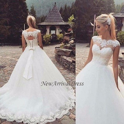 Cap Sleeve Lace-Up Bowknot Back Ball Gown Wedding Dresses_1