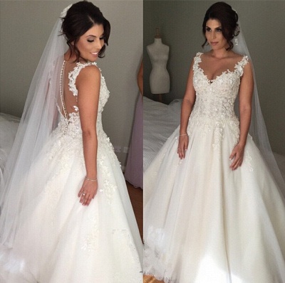 Latest A-line Lace Applique Bridal Gown Open Back Sleeveless Court Train Wedding Dress JT116_3