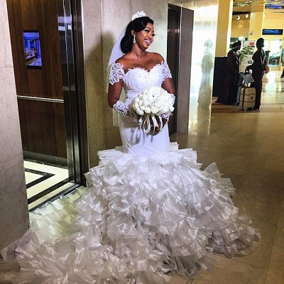 Vestidos de novia baratos de sirena con hombros descubiertos | Vestidos De Novia De Encaje Con Volantes De Tul Pura online_2