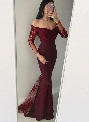 Elegant Off-The-Shoulder Mermaid Prom Dresses | Long Sleeves Lace Applique Evening Dresses_1