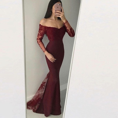 Elegant Off-The-Shoulder Mermaid Prom Dresses | Long Sleeves Lace Applique Evening Dresses_3