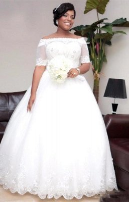 Modest White Lace Half-Sleeve Ball-Gown Wedding Dress_1
