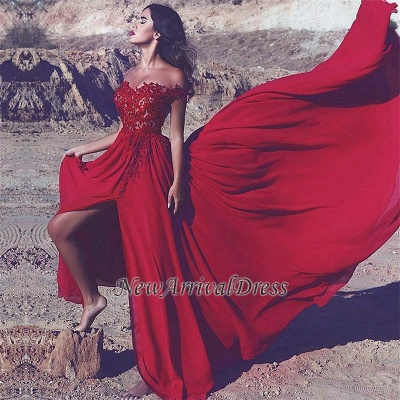 Appliques Red Split Long Lace Off-the-Shoulder Prom Dress_1