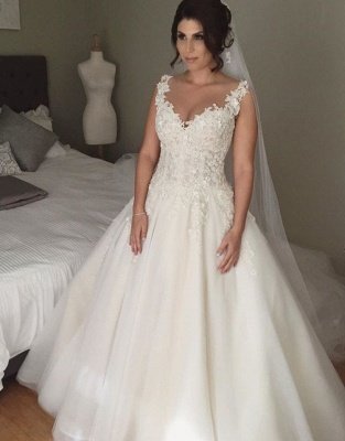 Latest A-line Lace Applique Bridal Gown Open Back Sleeveless Court Train Wedding Dress JT116_1