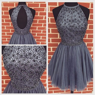Halter Crystals Beaded Short Cocktail Dresses Ruched Open Back Mini Homecoming Dresses_5