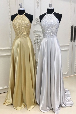 Modest Crystals Halter Sleeveless Custom Made A-line Prom Dresses_1