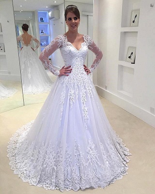 A-Line Tulle Elegant Lace Appliques Custom Made V-Neck Beadings Long Sleeve Wedding Dress_4