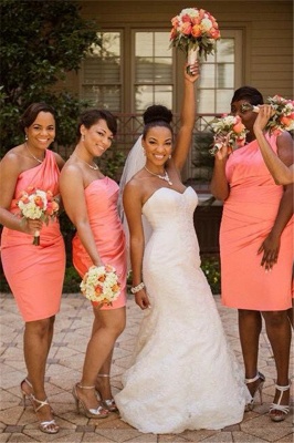 Elegant  One Shoulder Orange Wedding Dress Sheath Knee Length Popular Ruffles Simple Bridesmaid Dresses_1