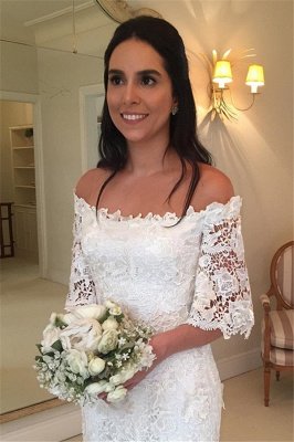 Sexy Off The Shoulder Simple Half Sleeves Beautiful Lace Wedding Dresses_4