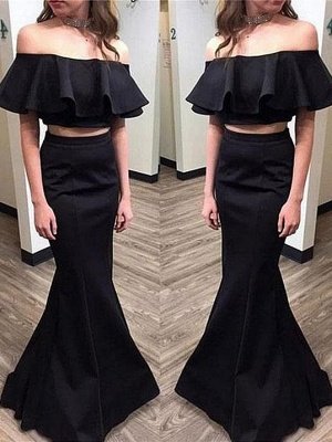Elegante schwarze zwei Stücke Prom Kleider | Off-the-Shoulder-Rüschen Abendkleider_1