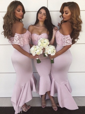 Off-The-Shoulder Mermaid Prom Dresses | High-Low Lace Bridesmaid Dresses_1