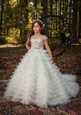 Ball Gown Flower Girl Dresses | Scoop Cap Sleeves Lace Applique Kids Pageant Dresses_3