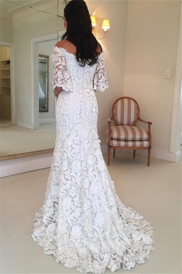 Sexy Off The Shoulder Simple Half Sleeves Beautiful Lace Wedding Dresses_3