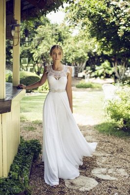 Vestido de novia largo y glamoroso de verano sin mangas de gasa de playa barato_5