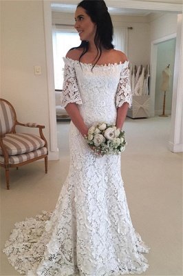 Sexy Off The Shoulder Simple Half Sleeves Beautiful Lace Wedding Dresses_2