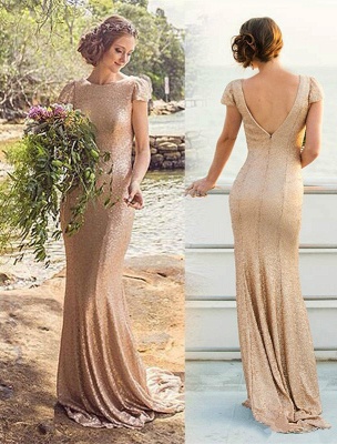 Elegant Sequined Short-Sleeve Zipper Long Bridesmaid Dresses_1