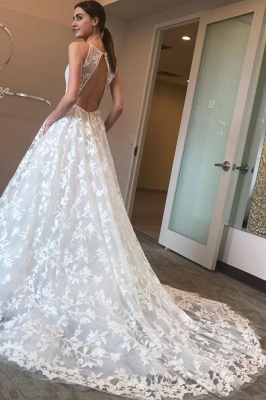 Elegant V-Neck Lace A-line Wedding Dresses | Spaghetti Straps Sleeveless Bridal Gowns_4