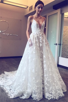 Elegant V-Neck Lace A-line Wedding Dresses | Spaghetti Straps Sleeveless Bridal Gowns_1