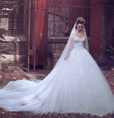 Off The Shoulder Princess Wedding Dress Ball Gown Lace Bride Dresses with Long Train_4