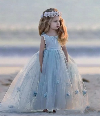 Robes de demoiselle d'honneur princesse bleu ciel clair robe de soirée robe de bal sans manches pour enfants_6