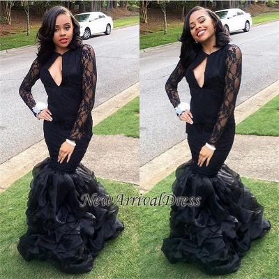 Keyhole-Neck Lace Black Ruffles-Skirt Mermaid Long-Sleeves Sexy Prom Dresses_1