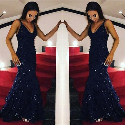 Spaghetti Straps V-neck Floor-length Sequins Mermaid Prom Dresses_3