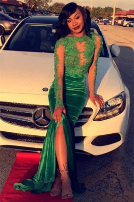 Appliques Split Lace Mermaid Green Gorgeous Long-Sleeve Prom Dress_2