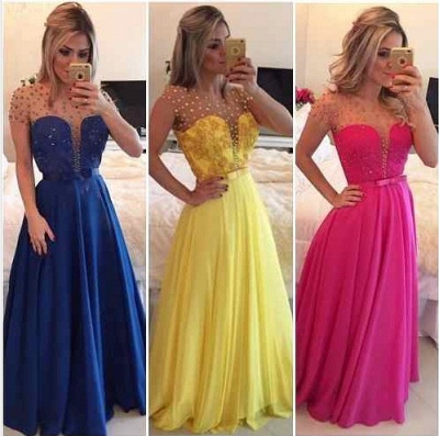 Royal Blue Short Sleeves Beaded Prom Dresses Sheer Tulle Back with Bowknot Belt Evening Gowns BT00_2
