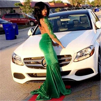 Appliques Split Lace Mermaid Green Gorgeous Long-Sleeve Prom Dress_4