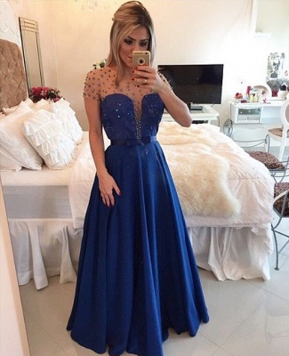 Royal Blue Short Sleeves Beaded Prom Dresses Sheer Tulle Back with Bowknot Belt Evening Gowns BT00_3