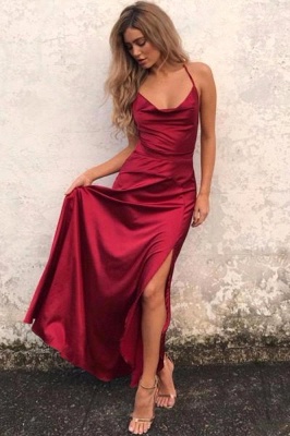Sexy Simple Red Backless Prom Dresses Side Split Halter Party Gowns SK0038_1